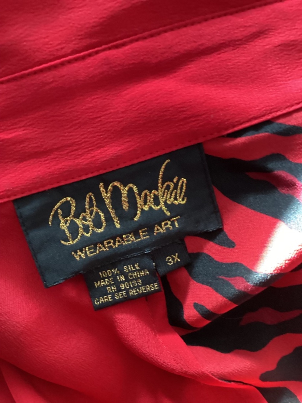 VTG BOB MACKIE WEARABLE ART 3X SILK RED BLACK BLOUSE ASYMMETRICAL ZIBRA PRINT - Picture 12 of 14